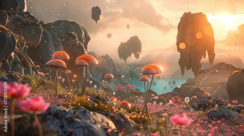 An alien planet with surreal landscapes and bizarre flora, where towering rock formations and bioluminescent mushrooms dot the horizon,  photo