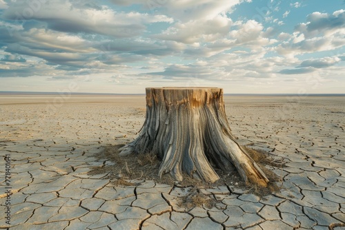 Stump from felled tree in drought concept. Record summer heat. Backdrop of the consequences of environmental problems