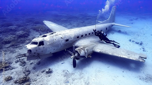 The corroded remains of the aircraft create an eerie yet captivating scene in the deep blue ocean