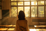 Back view of a contemplative female teacher standing in a sunlit classroom