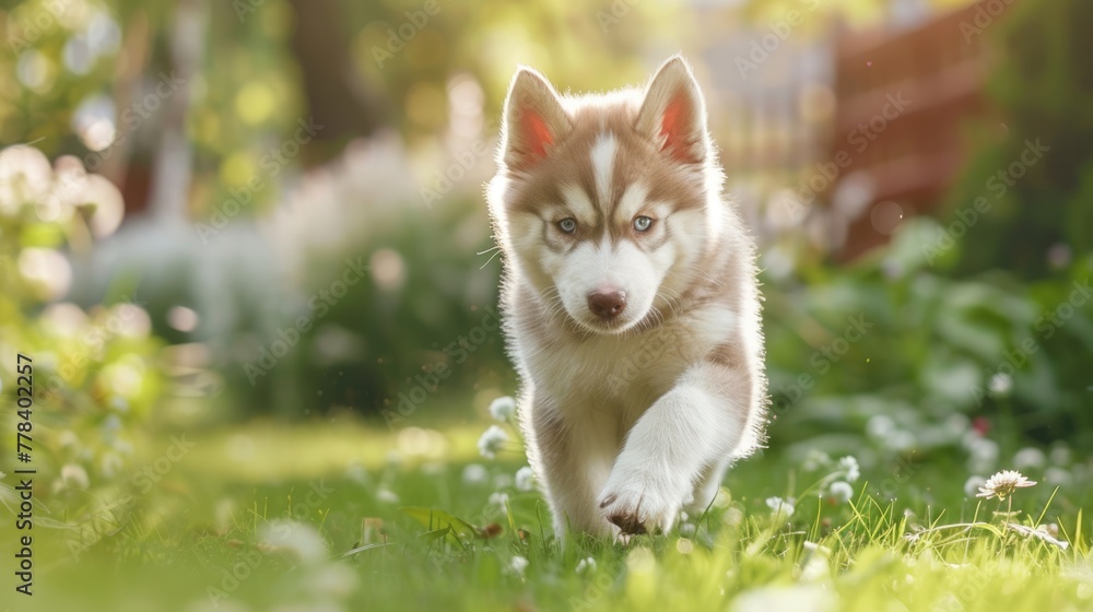 Adorable Siberian Husky Puppy Walking on Green Grass - Cute Baby Animal of Domestic Dog Breed with Brown Eyes Adorable Siberian Husky Puppy Walking on Green Grass - Cute Baby Animal of Domestic Dog Breed with Brown Eyes