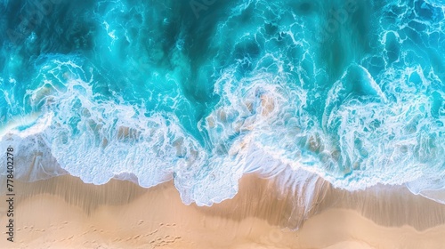 Aerial View of an Island's Sandy Beach and Blue Ocean Waves. Stunning Nature Background for Travel and Water Themes