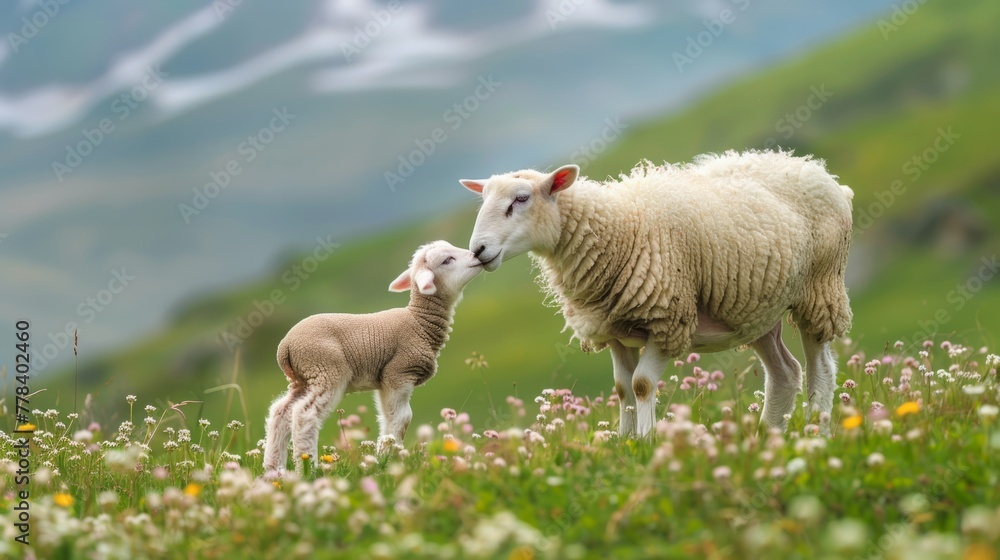 Fototapeta premium The sheep and lamb in the meadow up close, the concept of spring.