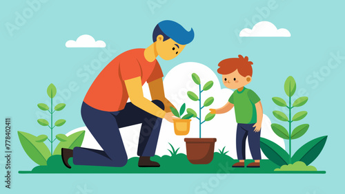 father and son planting a tree vector illustration