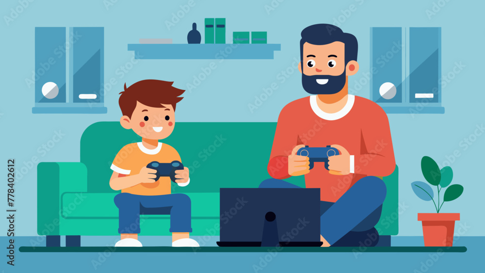  father and son playing video games vector illustration