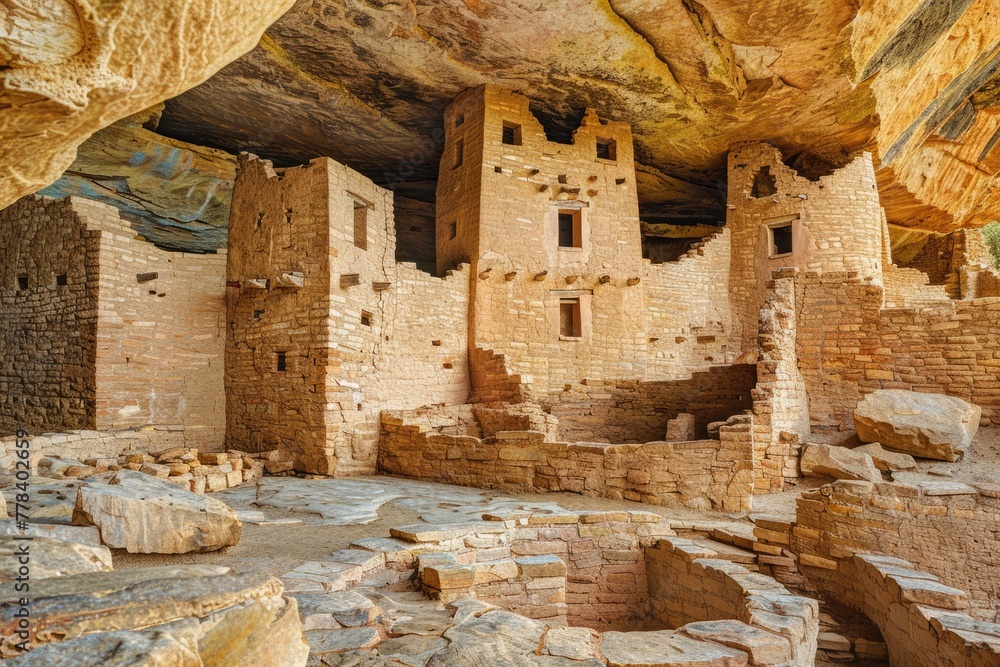 Ancient Cliff Dwellings of Mesa Verde National Park: Closeup View of Interior Structures and Ruins