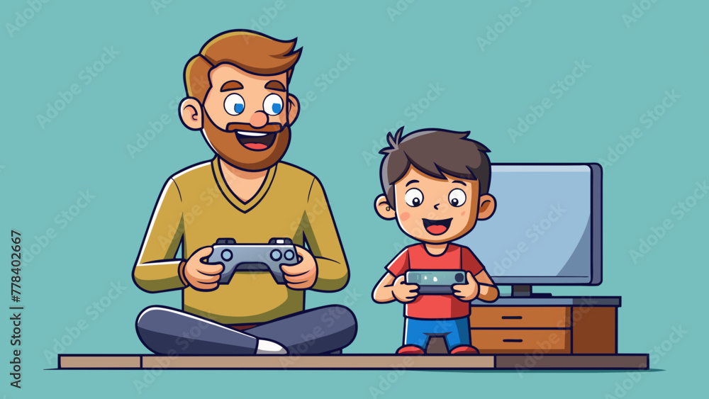  father and son playing video games vector illustration