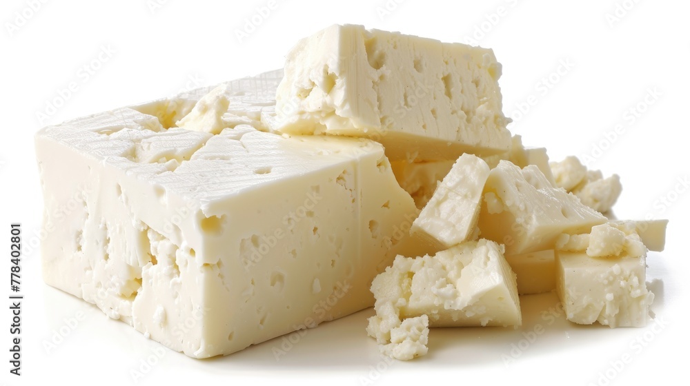 Authentic Greek Feta Cheese: Isolated Block Cut in Chunks for Epicure. Perfect Addition to Any Cheese Plate