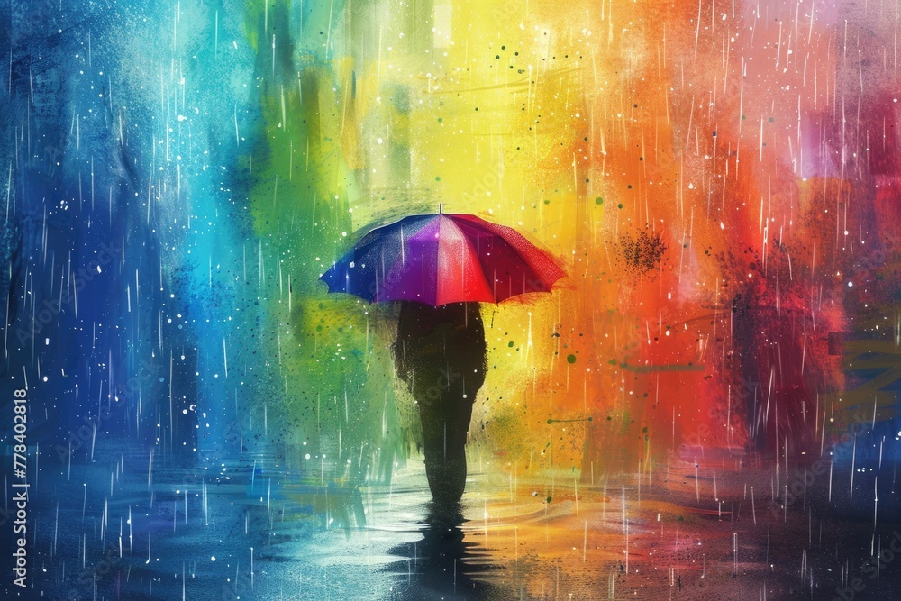 Bad Day Blues? Not with this Rainbow Umbrella! Illustration of Person in Pop Art Style with Dripped Colors and Holiday Decoration