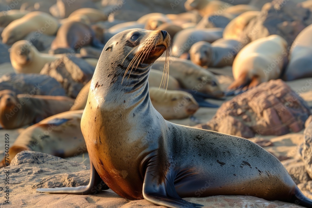 Fototapeta premium Basking Fur Seal in Wildlife Colony - Nature's Crossroads