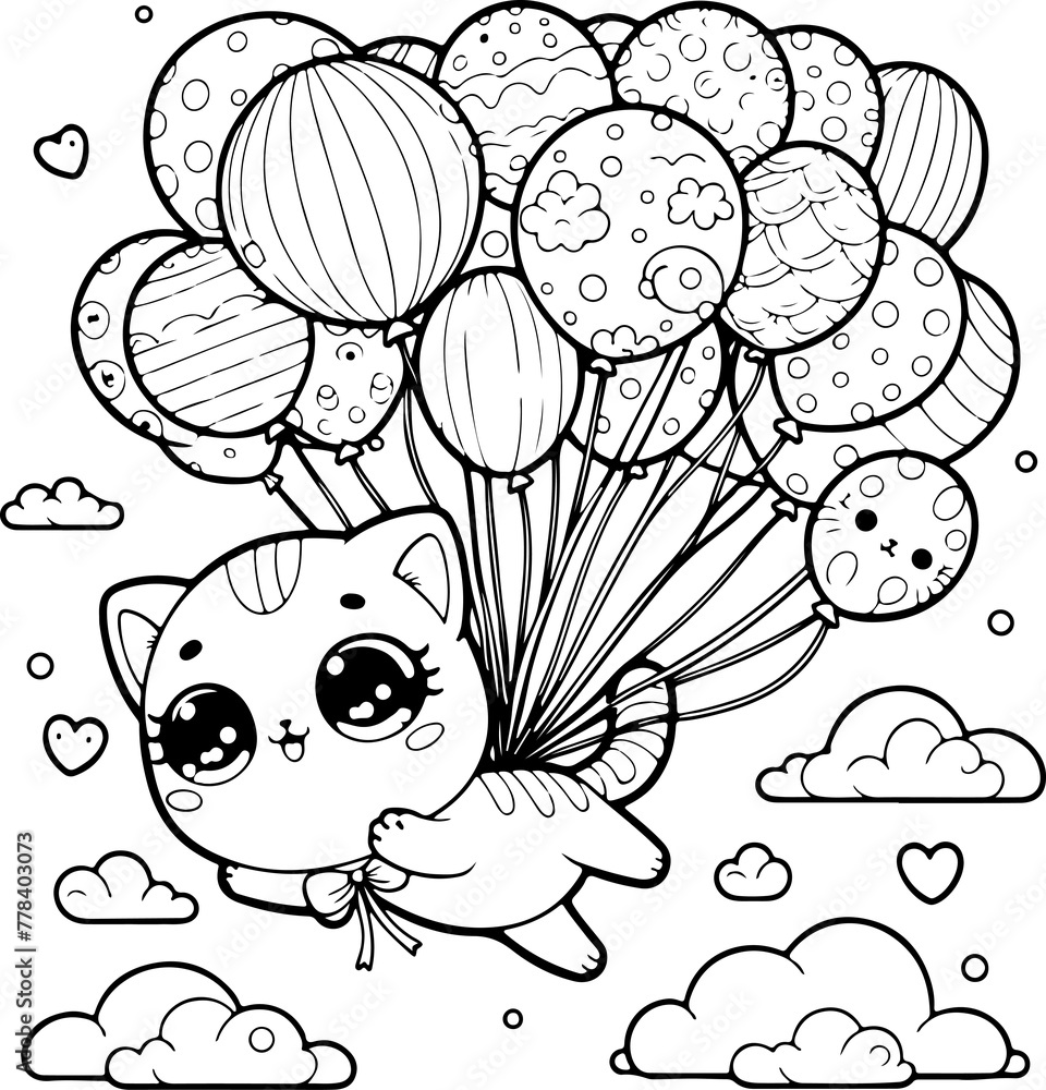 Fototapeta premium Chat style kawaïï dessin au trait, isolé, idéal pour conception page de livre de coloriage pour enfant ou adulte. Chat ou chaton vole dans les nuages et le ciel avec ses ballons 