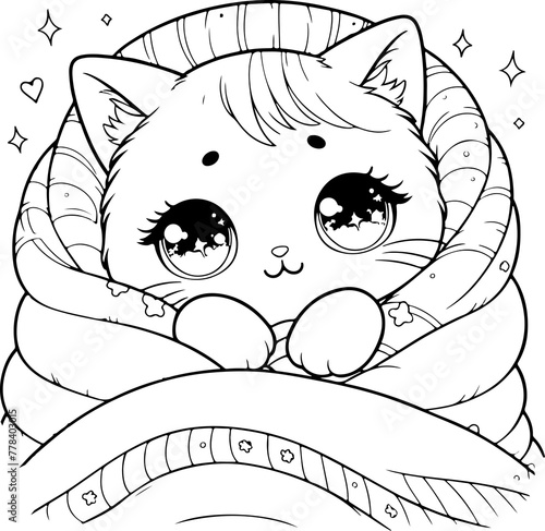 Chat style kawaïï dessin au trait, isolé, idéal pour conception page de livre de coloriage pour enfant ou adulte. Chaton enroulé dans ses couvertures  photo