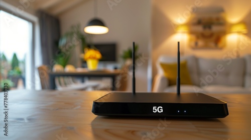 5G wireless router with a visible title indicating its next-generation technology  placed within a cozy home setting  showcasing the blend of cutting-edge connectivity in a domestic environment.