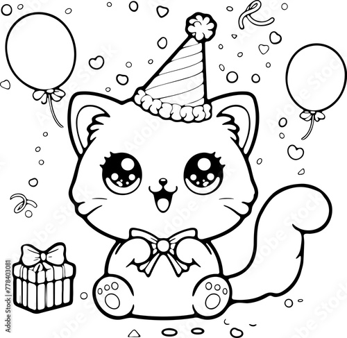 Chat style kawaïï dessin au trait, isolé, idéal pour conception page de livre de coloriage pour enfant ou adulte. Chat ou chaton content, avec cadeau d'anniversaire et ballons. 