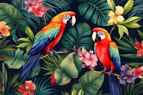 Tropical flowers and leaves background with parrots. Colorful summer illustration design. Exotic tropical art print for travel and holiday, fabric and fashion © maximilian_100