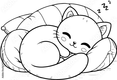 Chat style kawaïï dessin au trait, isolé, idéal pour conception page de livre de coloriage pour enfant ou adulte. Chat fait sa sieste dans ses couvertures.  photo