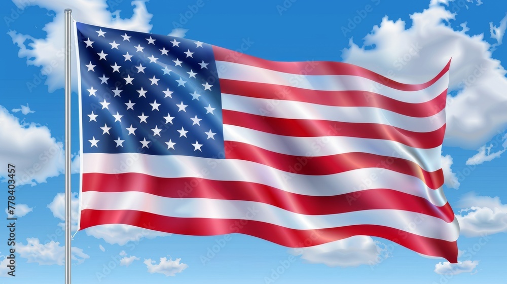 Waving American flag at cloudy sky. Symbol of the United States of America isolated on cloudy sky. Modern illustration. Waving American flag at cloudy sky. Symbol of the United States of America isolated on cloudy sky. Modern illustration.