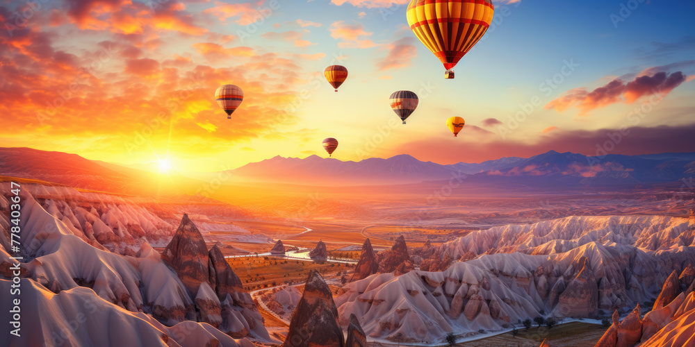 hot air balloons float over a rugged landscape at dawn