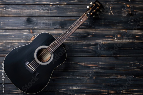Black Acoustic Guitar on Dark Wooden Background for Soulful Melodies