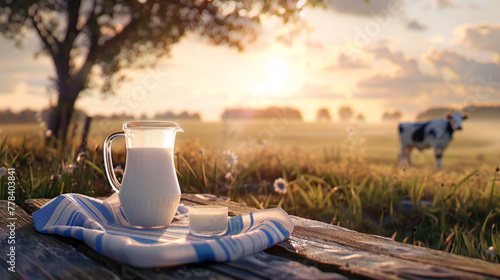 A pitcher and a glass of milk on a wooden table with a cow in the background during sunrise.