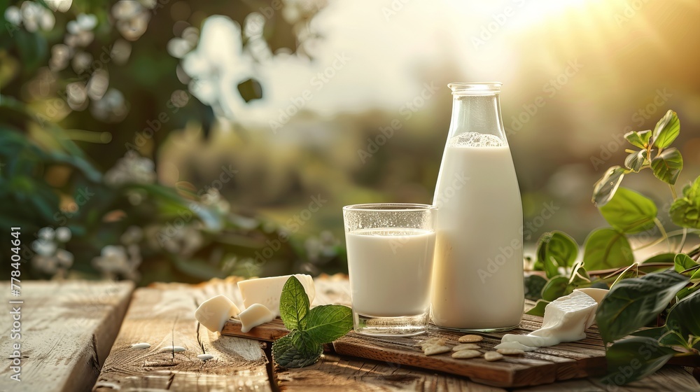 Fresh, cold milk in a glass and bottle on a wooden table Fresh, cold milk in a glass and bottle on a wooden table