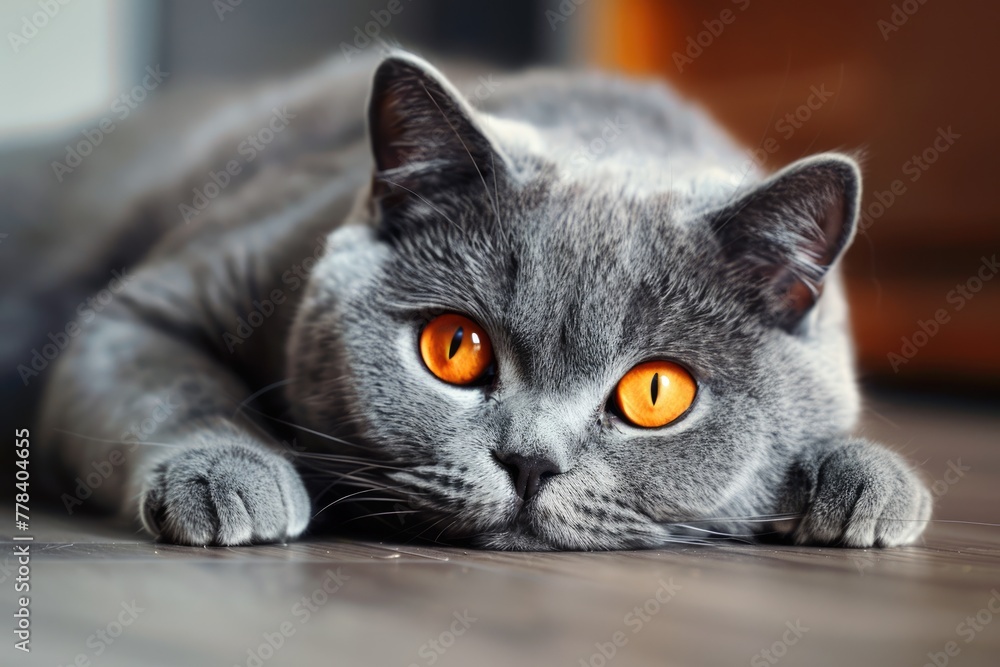 British Shorthair Cat Portrait with Expressive Orange Eyes | Pedigreed Breed With Short Hair and Unique Expression of Animal's Eye