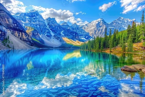 Rockies' Moraine Lake in National Park. Rocky mountain beauty in stunning landscape © Serhii
