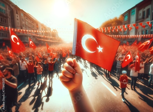 Realistic illustration for celebration of national sovereignty and children's day in turkey with a hand holding turkey flag in focus. photo
