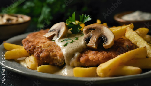 Jägerschnitzel, pommes, frites, neu, essen, modern, close up, anlasser, board, lifestyle, retro, foodie, champignons, rahm, sauce, Rheinland, köln
