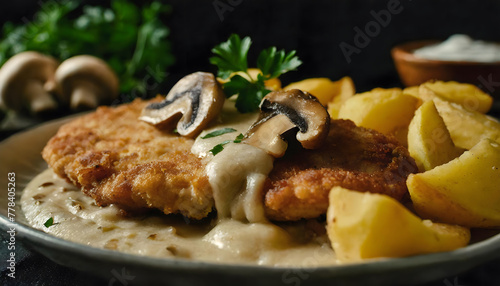 Jägerschnitzel, pommes, frites, neu, essen, modern, close up, anlasser, board, lifestyle, retro, foodie, champignons, rahm, sauce, Rheinland, köln