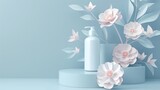Printed advertisement for promotion shampoo. Modern illustration with shampoo bottle and flowers on podium. Concept of promotion cosmetic product. 3D realistic background.
