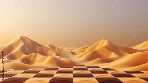 Desert landscape isolated on checkered background. Beautiful view on realistic sand dunes. 3D modern illustration of sandy desert with sunset or sunrise. Template for summer party decorations.