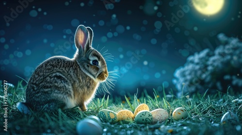 A Mountain Cottontail rabbit is resting in the grass with Easter eggs in front of a full moon AIG42E © Summit Art Creations
