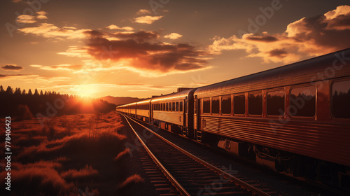 train in the sunset, Steel wheels on earth-toned rails, a harmonious rhythm of progress. The train's silhouette embraces nature--a testament to responsible travel