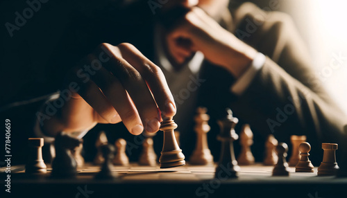A person playing chess, with a close-up of their hand gripping a chess piece, about to make a strategic move
