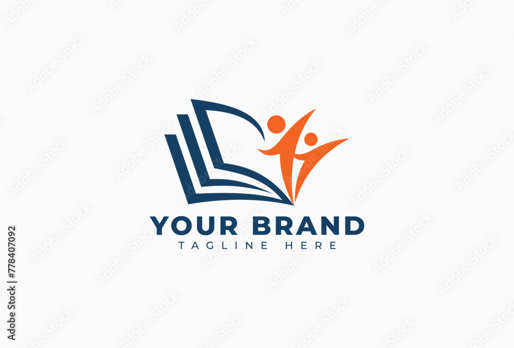 Education Logo. Open Book and People Icon, Logotype concept usable for school, library, academy, university, study, student, college, learn, science, knowledge, information, literature symbol.