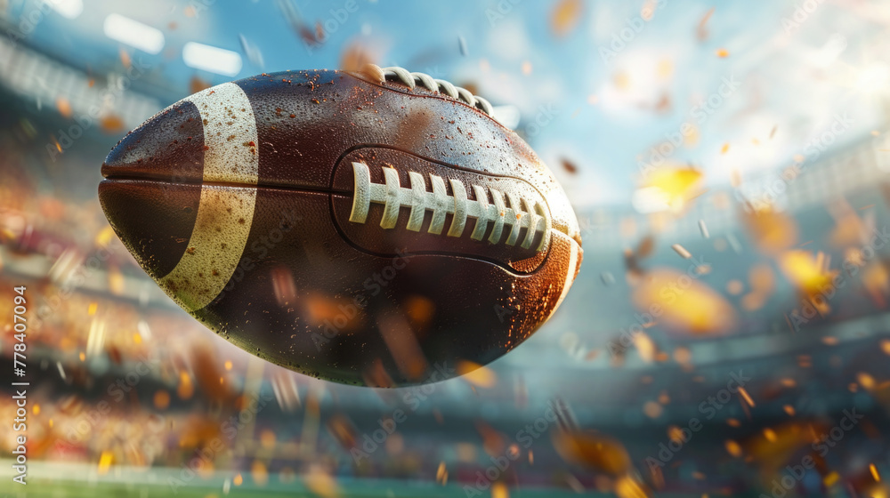 An American football caught in flight, moments before a touchdown, with the stadium crowd in a thrilling blur, highlighting the anticipation and excitement of American football - obrazy, fototapety, plakaty 