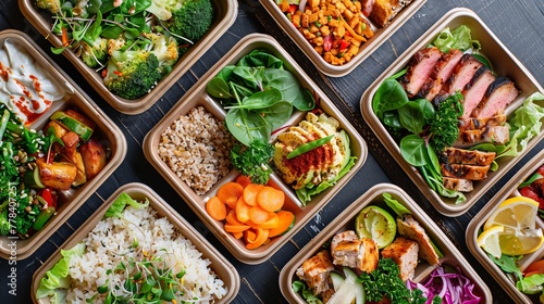 Get your daily dose of healthy meals delivered right to your doorstep, packed in convenient takeout boxes for easy and nutritious eating. photo