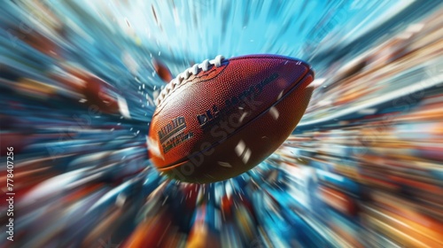 An American football caught in flight, moments before a touchdown, with the stadium crowd in a thrilling blur, highlighting the anticipation and excitement of American football © Татьяна Креминская