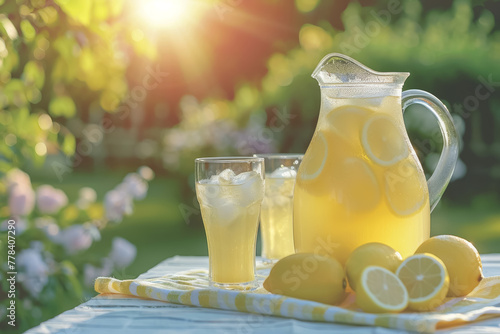 Pitcher and glasses of lemonade with fresh lemons on a garden table.