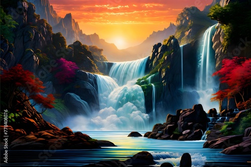 majestic waterfall plunges down a rocky cliff as the sun sets in the background photo