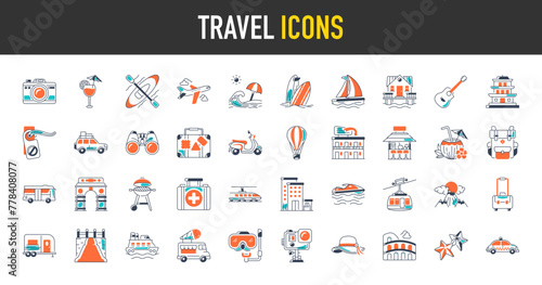 Travel icon set. Such as summer vacations, holiday, camera, juice, boat, bag, taxi, hat, star, airplane, hotel, balloons, ice cream, car, mountain, traveling, bbq, tourism vector icons illustration. 
