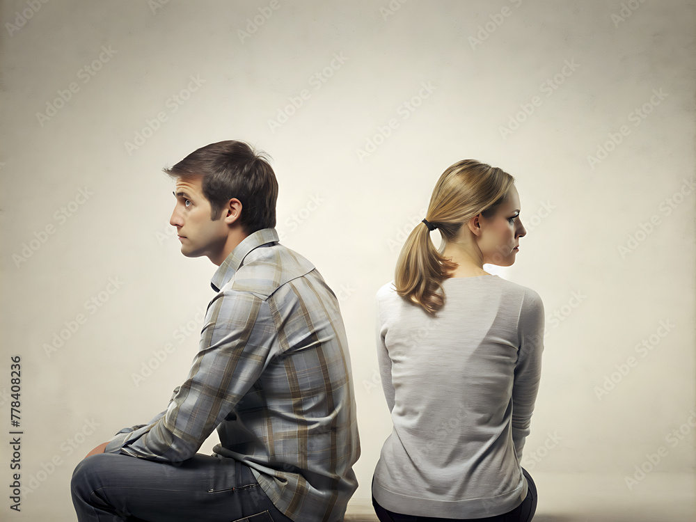 A quarreling married couple is sitting with their backs turned away from each other. A quarreling married couple is sitting with their backs turned away from each other.
