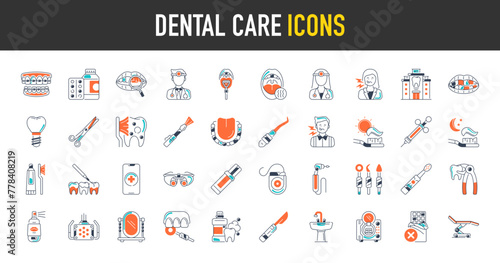 Dental care icon set. Such as binoculars, toothache, medicine, clinic, syringe, checkup, extraction, floss, dentist, mirror, autoclave, breath, implant, chair, scissor vector icons illustration.