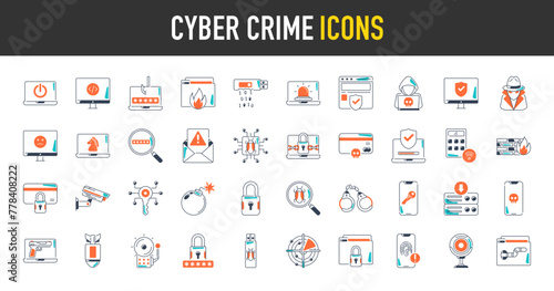 Cyber crime and security icon set. Such as data protection, secured network, technology, burn, password, hacker, credit card, scanning, firewall, payment, surveillance camera vector icons illustration