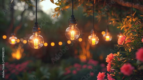 Outdoor orange garden lamps, evening or night time, lovely summer decorations with warm lights.