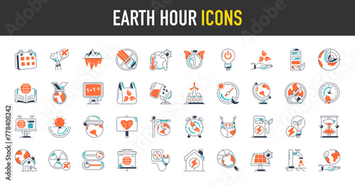 Earth hour icon set. Suh as climate change, ecology, green, park, weather, global warming, renewable energy, greenhouse, melting ice, earth pollution, emission, battery vector icons illustration.