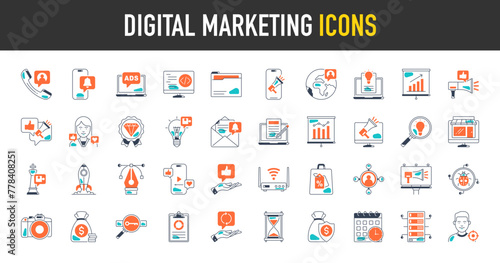 Digital marketing icons set. Such as seo, content, website, social media, sales, online advertising, notification, contact, viral, wifi, discount, survey, increase, global, mail vector icon collection