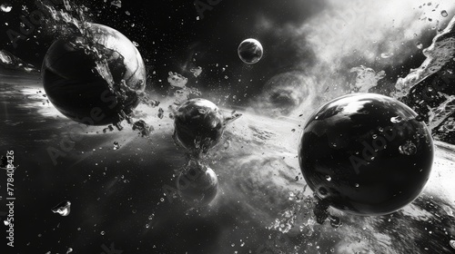 dramatic black and white depiction of space with various celestial bodies, like planets and asteroids, against a backdrop of a cosmic nebula.