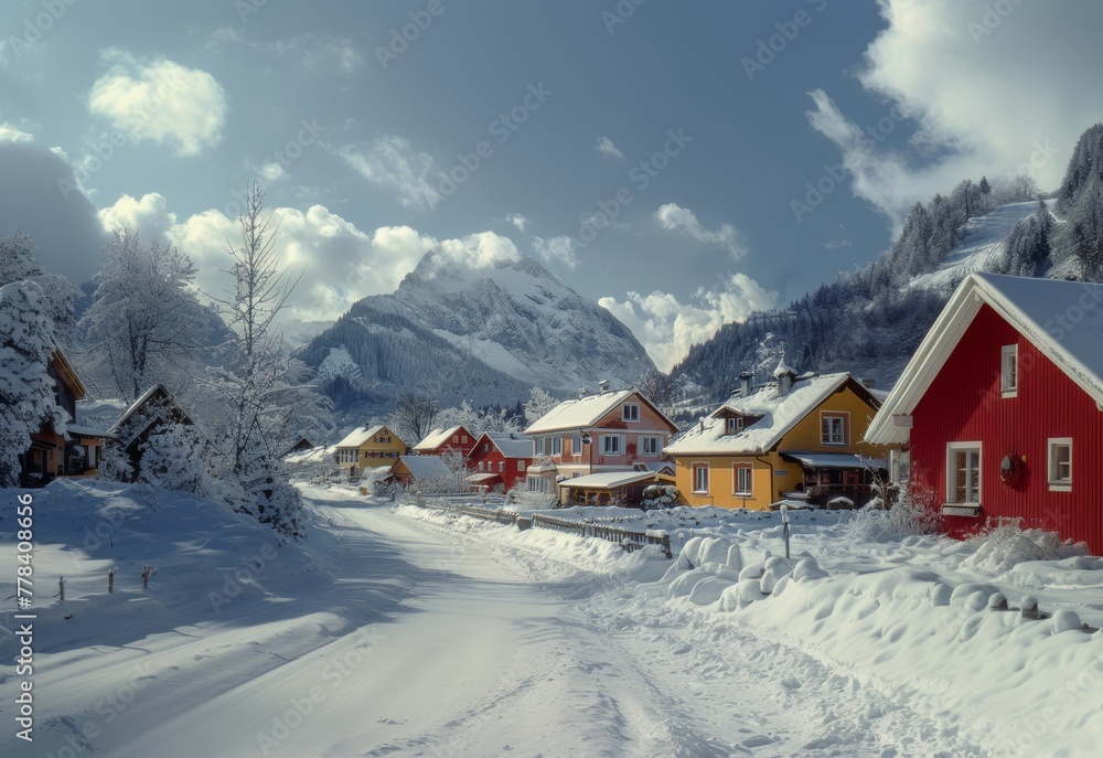 A house in the mountains with snow
A house in the mountains with snow